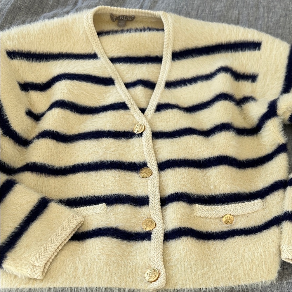 J. Crew Sweater Lady Jacket Cream and Navy Striped Brushed Yarn - Picture 5 of 5